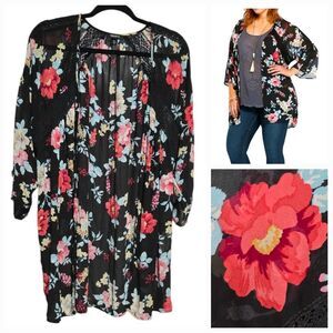 Torrid Black Floral Chiffon Kimono – Crochet Lace Trim Sheer Open Front Cardigan
